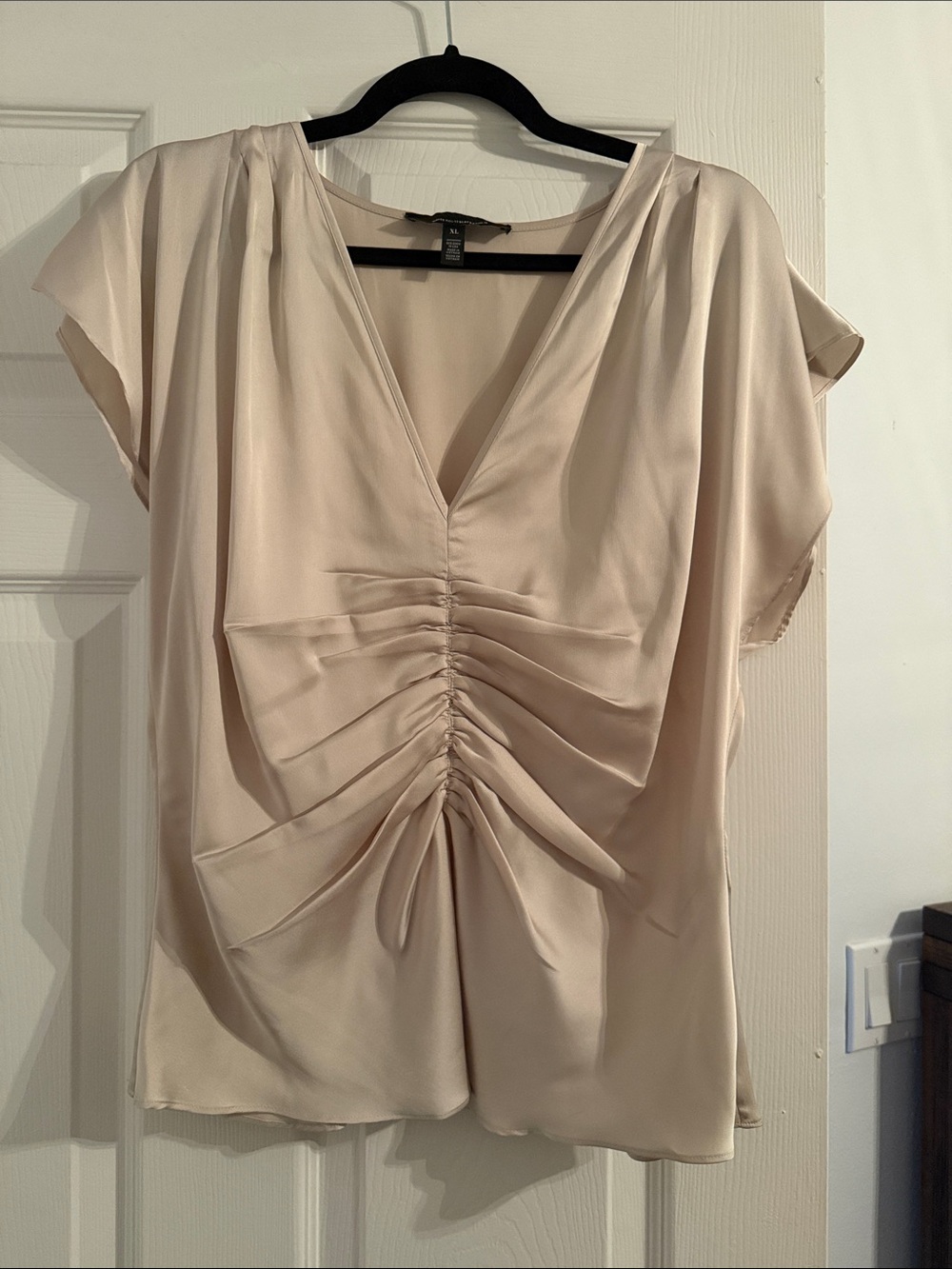 White House Black Market Cream Ruched V-Neck Blouse